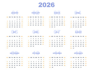English 2026 Calendar Horizontal Template Letter Format modern design. Week start on Sunday. 
