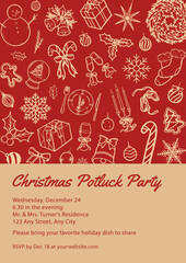 Christmas potluck party invitation with hand-drawn objects pattern in red gold theme. Vector illustration hand drawn Christmas party invitation template.