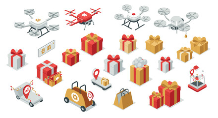 Isometric delivery drones and gift box collection for online shopping and logistics