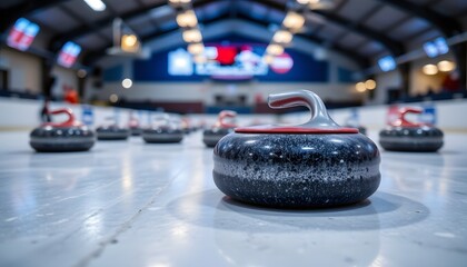 Curling Stones on Ice Rink in Competitive Arena During Winter Sports Event