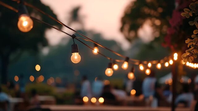Outdoor fest with lantern strings and shadowy figures, festive gatherings under garlands, joyful moments in evening vibes, celebration vibes with blurred charm, event highlights in