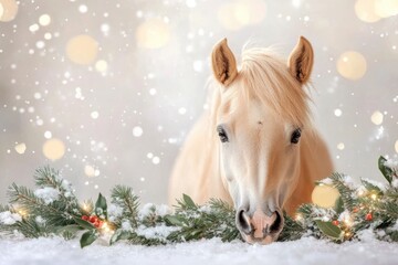 Elegant horse with festive pine branch in a winter wonderland painting