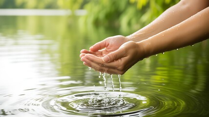 Human hands gently cupping fresh water as droplets cascade creating concentric ripples on a serene water surface