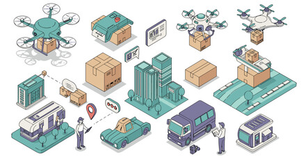 Autonomous delivery systems isometric design featuring drones and smart vehicles in a futuristic urban landscape