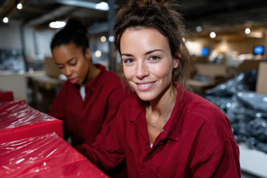 Two women in a warehouse setting are engaged in gift preparation, showcasing a collaborative spirit as they wrap and organize colorful presents for customers.