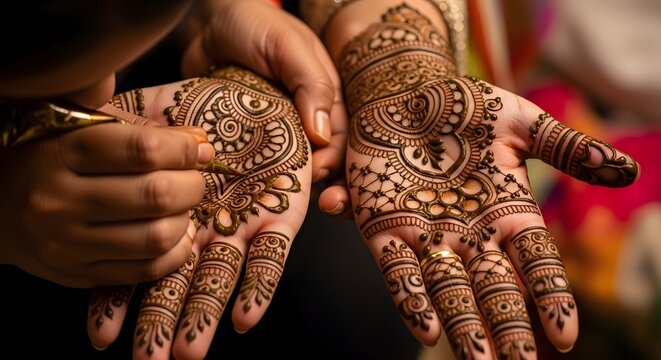 Close-up of hands applying mehndi (henna) during pre-wedding ritual, detailed patterns, artistic photography