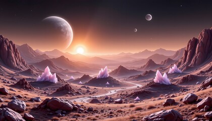 Alien Landscape with Ethereal Crystals and a Sunrise Surrounded by Distant Planets