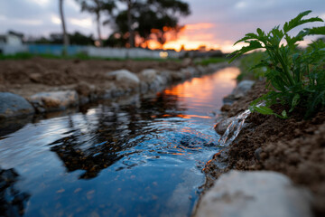 Obraz premium A tranquil stream gently flows through an open field, reflecting the colorful sky at sunset, embodying serenity and the beauty of nature in a harmonious landscape.