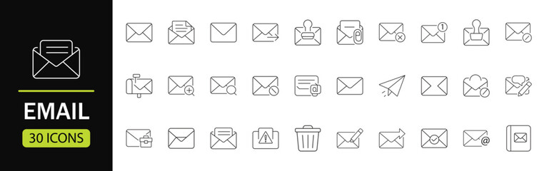 Email line Icon Set. Collection of E-mail and letter linear icons, including mail, envelope, email, postal, letter sent, inbox, new mail, reply and forward mail for digital communication.