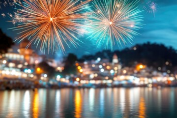 Fototapeta premium Festive fireworks illuminate night sky over scenic cityscape reflecting on water