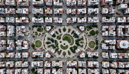 Naklejka premium Aerial View of a Neatly Designed Urban Neighborhood with Circular Park Surrounded by Houses
