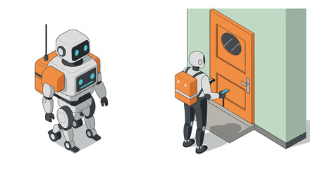 Fototapeta premium Robot with backpack using smartphone at door in isometric style