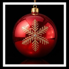 Luxury Red Christmas Bauble with Golden Snowflake Pattern and Mirror Reflection on Black Background for Holiday Decoration