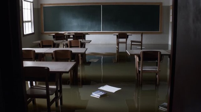 Water fills a classroom, reflecting the consequences of climate change on schools. This disaster sheds light on the urgent need for climate action in changing environments