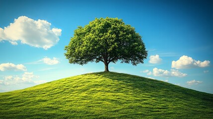 Lone green tree sits atop a grassy hill underneath a bright blue sky with scattered clouds.