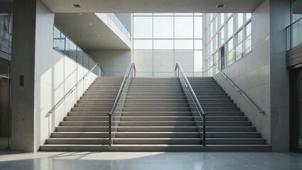 Obraz premium Interior Modern Concrete Staircase Bathed in Natural Light with Large Windows
