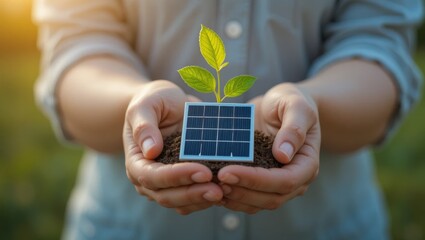 Hands Holding A Seedling Growing From A Solar Panel Reflecting Hope For Sustainable Energy