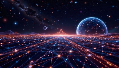 Obraz premium Futuristic Abstract Digital Landscape with Illuminated Connections Under a Starry Sky