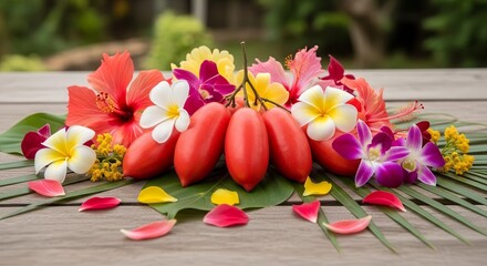 Vibrant Flowers Arrangement with Tomatoes on Wooden Table Creating a Tropical Still Life