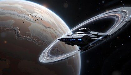 Futuristic Spaceship Orbiting Planet with Colorful Rings in a Vast Cosmic Expanse