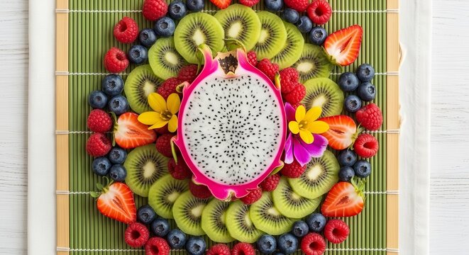 Vibrant Fruit Extravaganza with Dragon Fruit, Kiwi, Berries, and Exotic Floral Accents