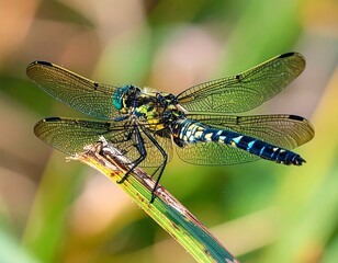 Vibrant dragonfly perched on a reed