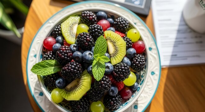 Vibrant Fruit Medley Bowl Displaying Berries, Kiwi Slices, And Grapes In Natural Light
