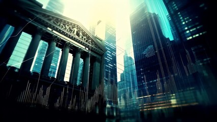 Stock market. Finance investment economy concept. A highresolution digital artwork depicting a futuristic cityscape. The main subject is a grand building with intricate architectural details.