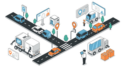 Fototapeta premium Smart urban traffic isometric art with autonomous vehicles and technology