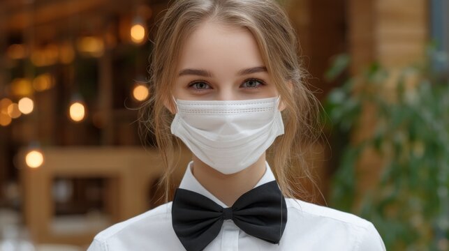 A cheerful young waitress is serving customers in a cozy cafe, wearing a protective mask and a classic black bow tie. The warm atmosphere and friendly service invite everyone to enjoy their meals