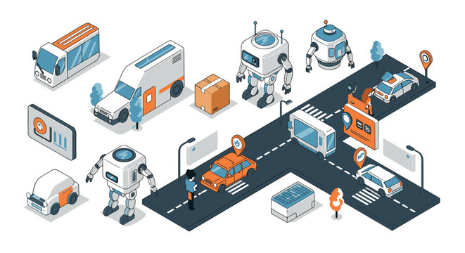 Futuristic city with autonomous vehicles and robots in isometric style