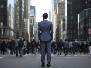 Obraz premium Successful businessman stands confidently in the middle of a busy city street facing a crowd
