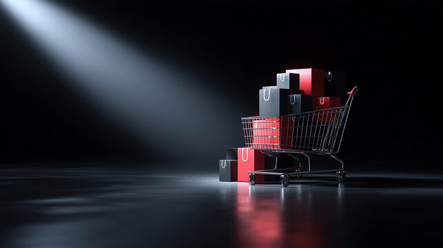 Shopping cart filled with paper bags on isolated black background - ai generative