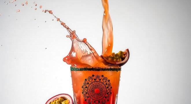 Vibrant Cocktail Pouring, Passion Fruit Adornment, Colorful Splash, Refreshing Drink Creation