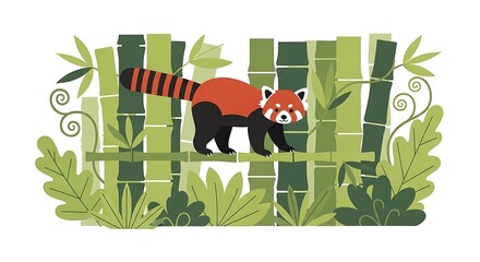 Red Panda Bamboo Forest Illustration.