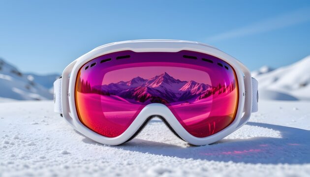 Ski Goggles Resting on Snow with Vibrant Reflection of Alpine Mountains and Blue Sky
