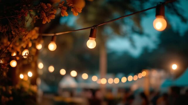 Outdoor fest with lantern strings and shadowy figures, festive gatherings under garlands, joyful moments in evening vibes, celebration vibes with blurred charm, event highlights in