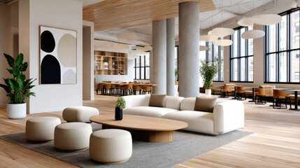 Coworking space interior with natural light — modern collaborative workspace, neutral decor, productive office environment