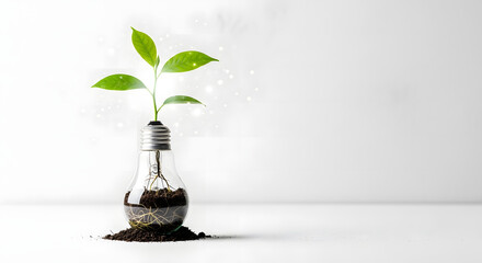 beautiful plant in the light blub white background. energy sources, Sustainable development, and responsible environment, Energy sources for renewable, Ecology concept.