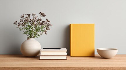 Book and Stationery Mockup on Clean Wooden Surface
