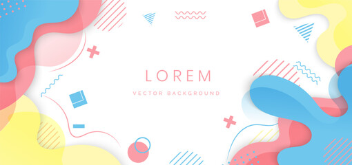 Modern background with fluid shape yellow, blue, orange pastel color and hand draw line on white background flat minimal design.