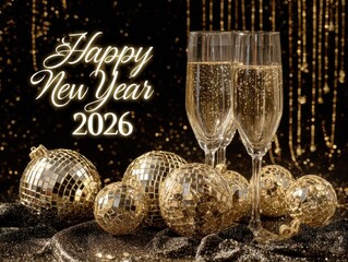 Happy new year 2026 celebration with champagne and ornaments