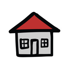 Simple cartoon house with red roof and gray walls on a white background art