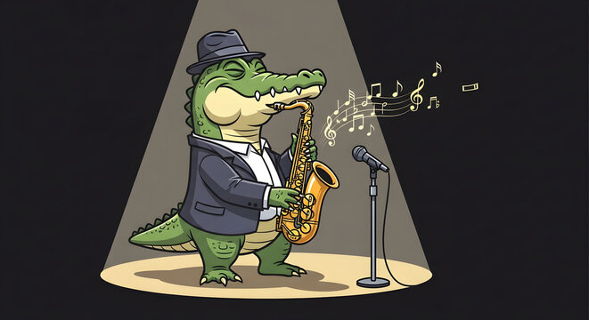 A cool alligator in a suit plays the saxophone under a spotlight