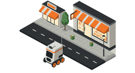 Obraz premium Autonomous delivery robot on urban city street in isometric style