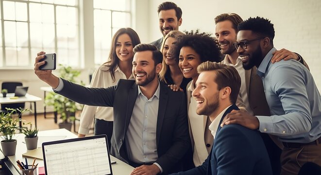 Joyful Diverse Business Team Captures Group Selfie in Bright Modern Office