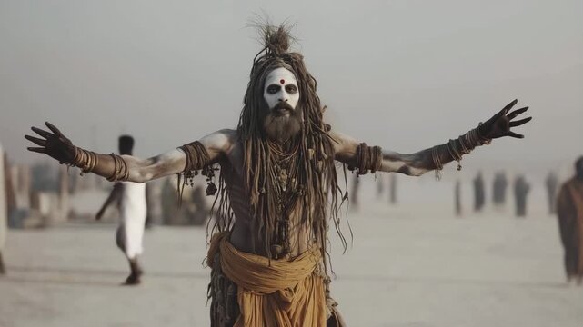 Indian sadhu performing a ritual with open arms at the kumbh mela festival