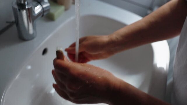 Eco-friendly morning routine. Close up of hands applying toothpaste to a wooden toothbrush over white sink. Sustainable dental care, clean start, natural hygiene, zero waste bathroom