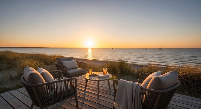 Sunset Beach Relaxation Lounge Chairs. - Powered by Adobe