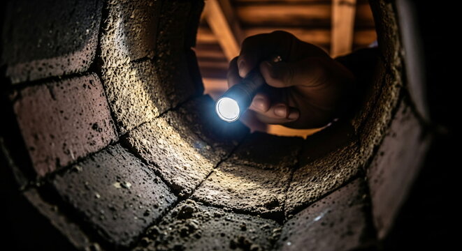 Man holding a flashlight and looking down into a dark chimney or pipe. Danger of carbon monoxide poisoning from a faulty chimney.